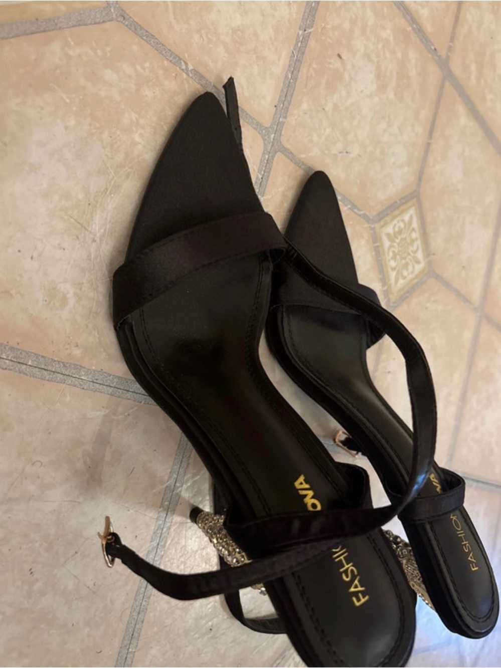 Fashion Nova Black Pointed Slingback Heels with Embellished Strap